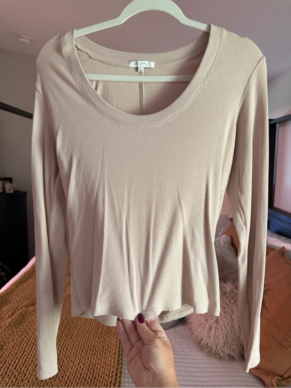 Z Supply Ribbed Long Sleeve Scoop Neck Top in Blush Pink